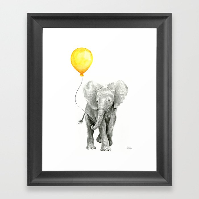Elephant Watercolor Yellow Balloon Whimsical Baby Animals Framed Art Print