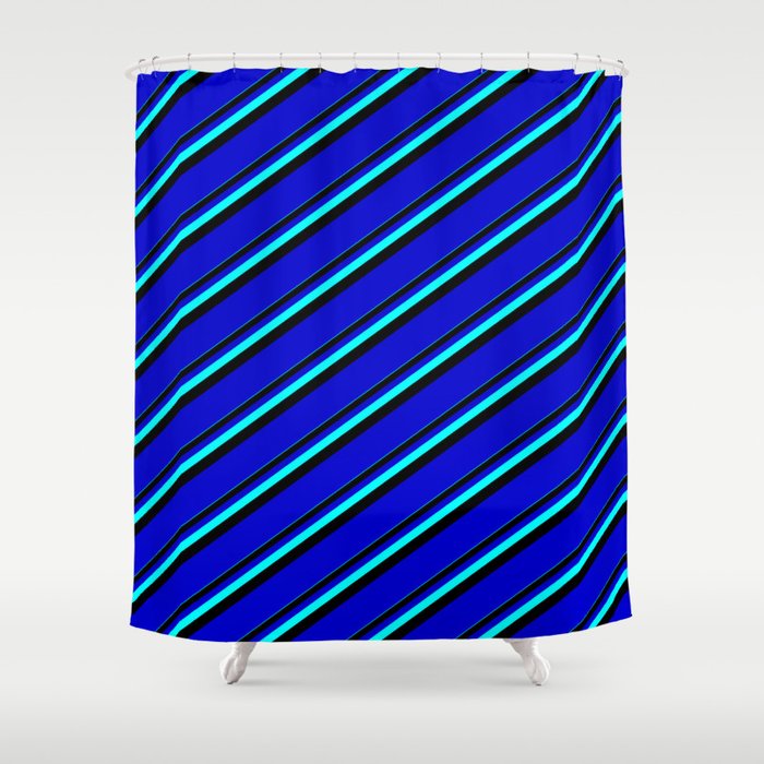 Aqua, Black & Blue Colored Lines/Stripes Pattern Shower Curtain