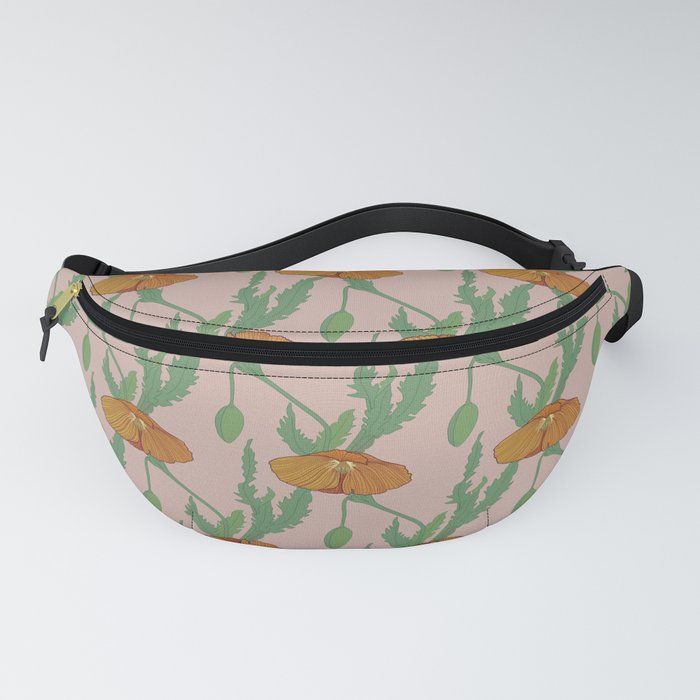 Orange Poppy with Greenery // small scale //Salmon Pink Background  Fanny Pack