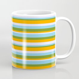[ Thumbnail: Sky Blue, Green, Orange, and Lavender Colored Lines Pattern Coffee Mug ]