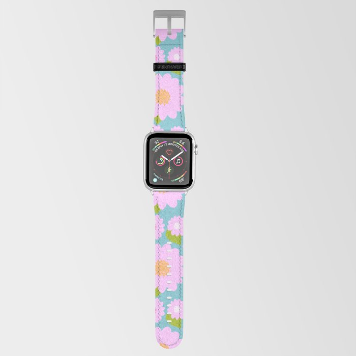 Pretty Pink Summer Flowers On Turquoise Blue Apple Watch Band