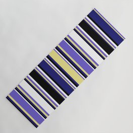 [ Thumbnail: Colorful Midnight Blue, Tan, Slate Blue, White, and Black Colored Lined/Striped Pattern Yoga Mat ]