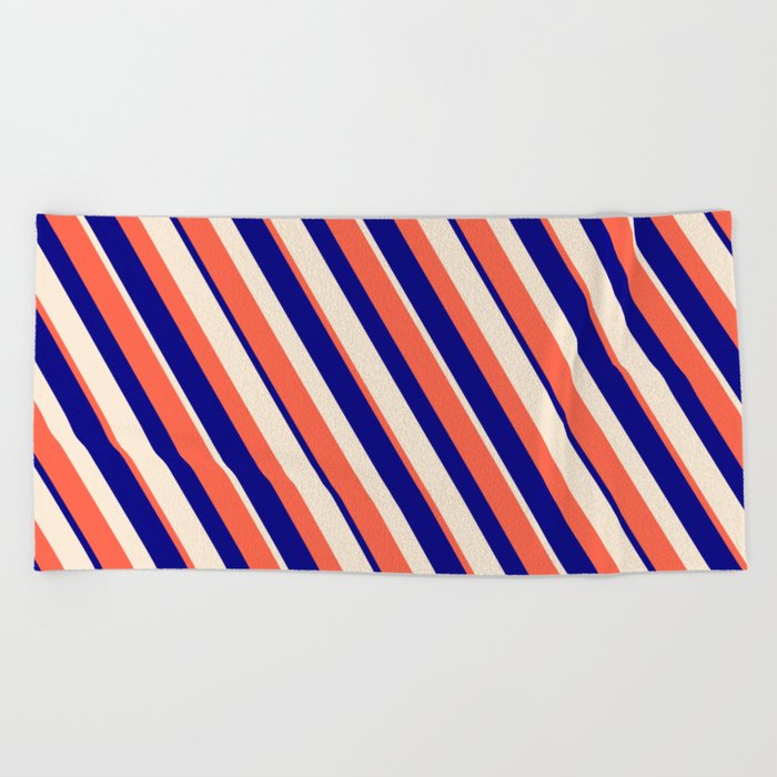 Red, Blue & Beige Colored Striped Pattern Beach Towel