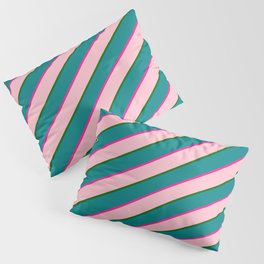 [ Thumbnail: Deep Pink, Pink, Dark Green & Teal Colored Lined/Striped Pattern Pillow Sham ]