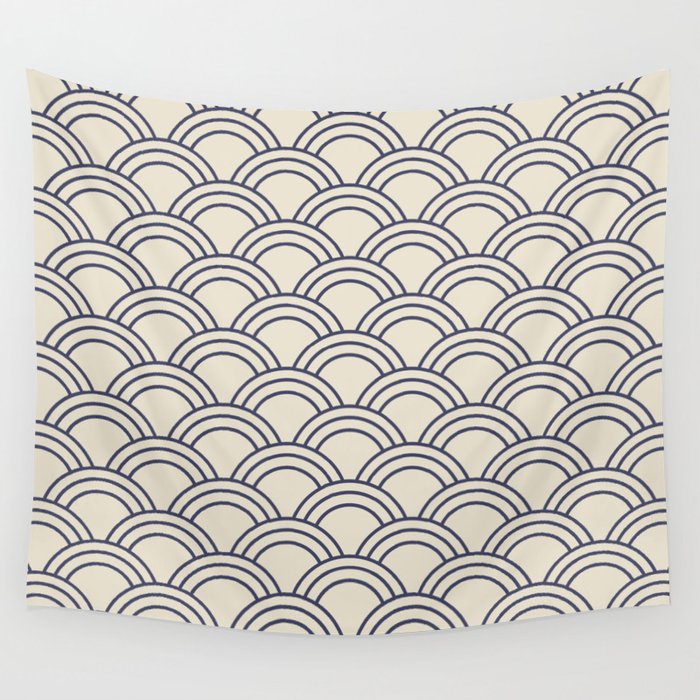 Cream & Blue Japanese Seigaiha Wave Wall Tapestry