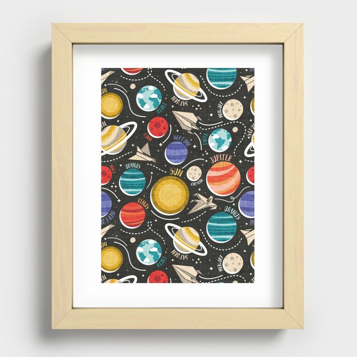 Paper space adventure I // black background multicoloured solar system paper cut planets origami paper spaceships and rockets  Recessed Framed Print