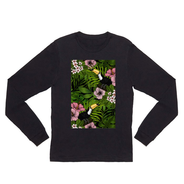 Toucans and tropical flora, green and pink Long Sleeve T Shirt