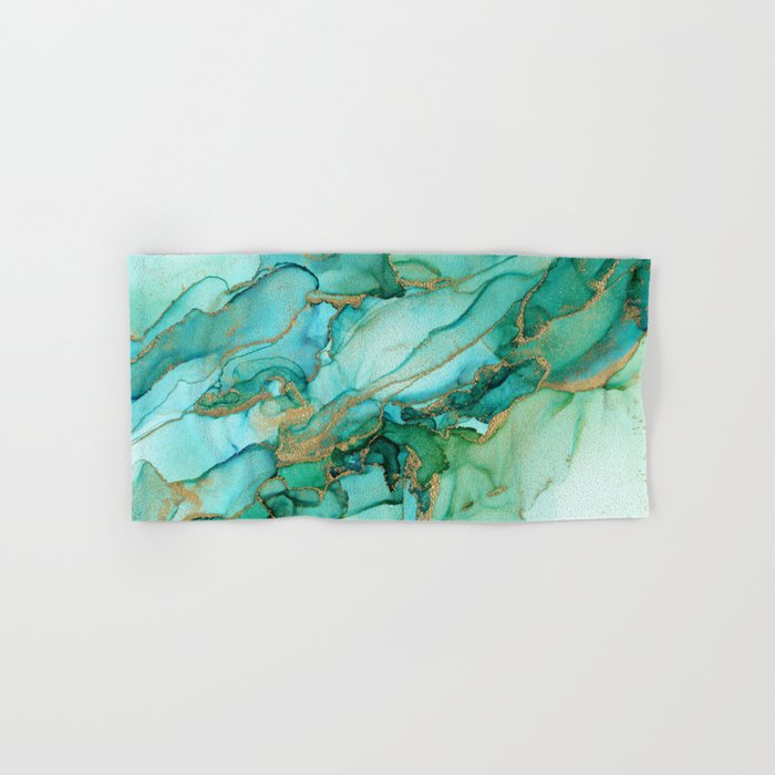Emerald Gold Waves Abstract Ink Hand & Bath Towel