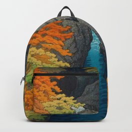 Autumn leaves above the rocky river gorge Japanese print landscape painting by  Hasui Kawase Backpack