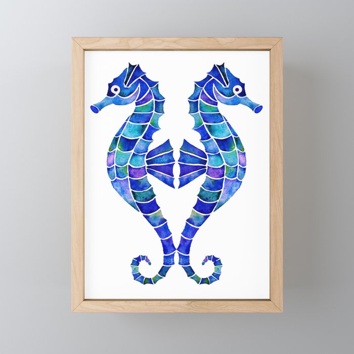 Watercolor Seahorses - Royal Blue Framed Mini Art Print