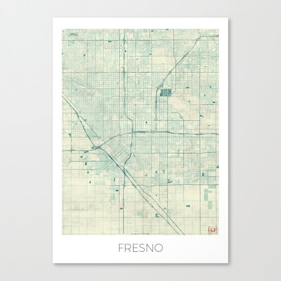 Fresno Map Blue Vintage Canvas Print