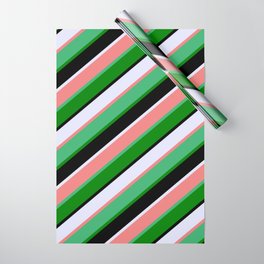 [ Thumbnail: Vibrant Lavender, Light Coral, Sea Green, Green & Black Colored Stripes/Lines Pattern Wrapping Paper ]