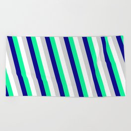 [ Thumbnail: White, Green, Dark Blue & Light Grey Colored Lines Pattern Beach Towel ]