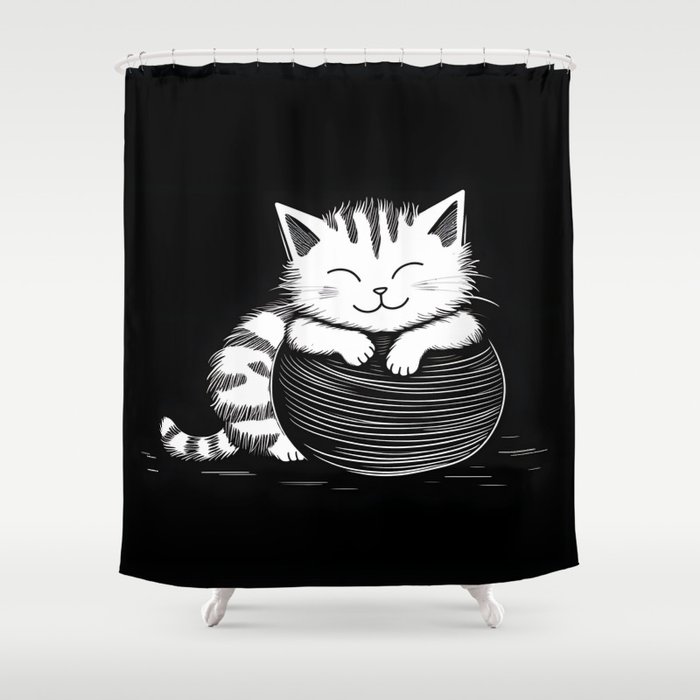 Lazy Cat with Ball Knitting Shower Curtain