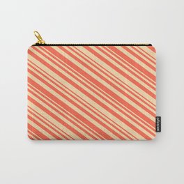 [ Thumbnail: Tan and Red Colored Striped/Lined Pattern Carry-All Pouch ]