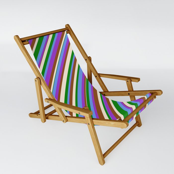 Colorful Cornflower Blue, Dark Orchid, Brown, Beige & Green Colored Lined/Striped Pattern Sling Chair