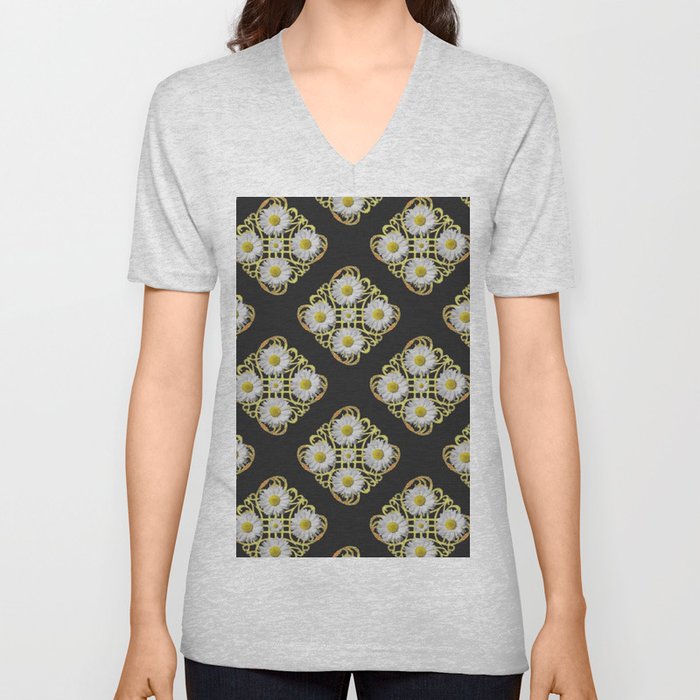 LACEY WHITE DAISIES ABSTRACT BLACK ART V Neck T Shirt