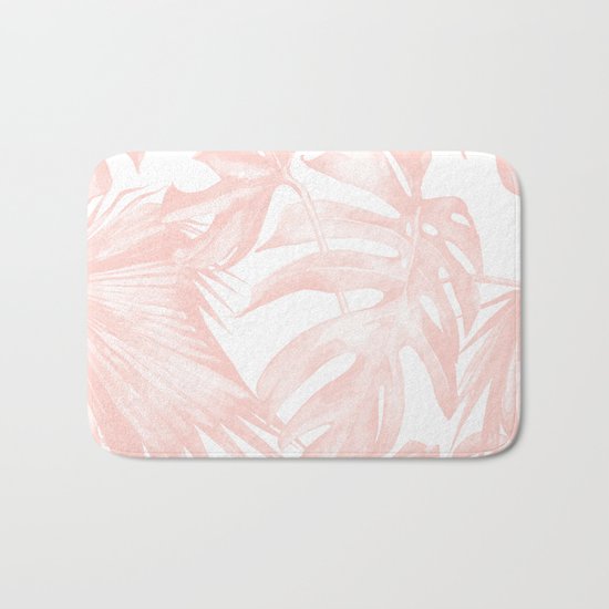 Tropical Leaves Pink and White Bath Mat