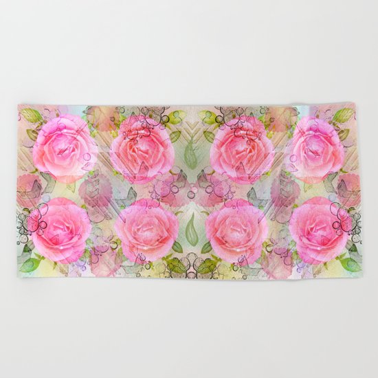 Pink roses on a painterly background Beach Towel
