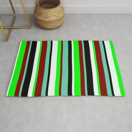 [ Thumbnail: Eyecatching Aquamarine, Maroon, Lime, Mint Cream & Black Colored Lined/Striped Pattern Rug ]