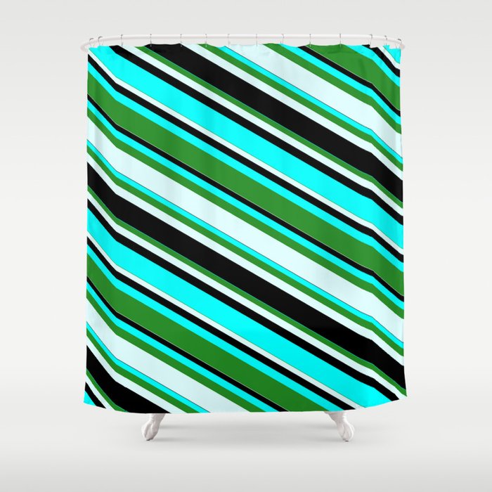 Aqua, Forest Green, Light Cyan, and Black Colored Lines/Stripes Pattern Shower Curtain