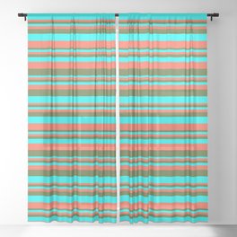 [ Thumbnail: Red, Dark Olive Green & Aqua Colored Lined Pattern Sheer Curtain ]