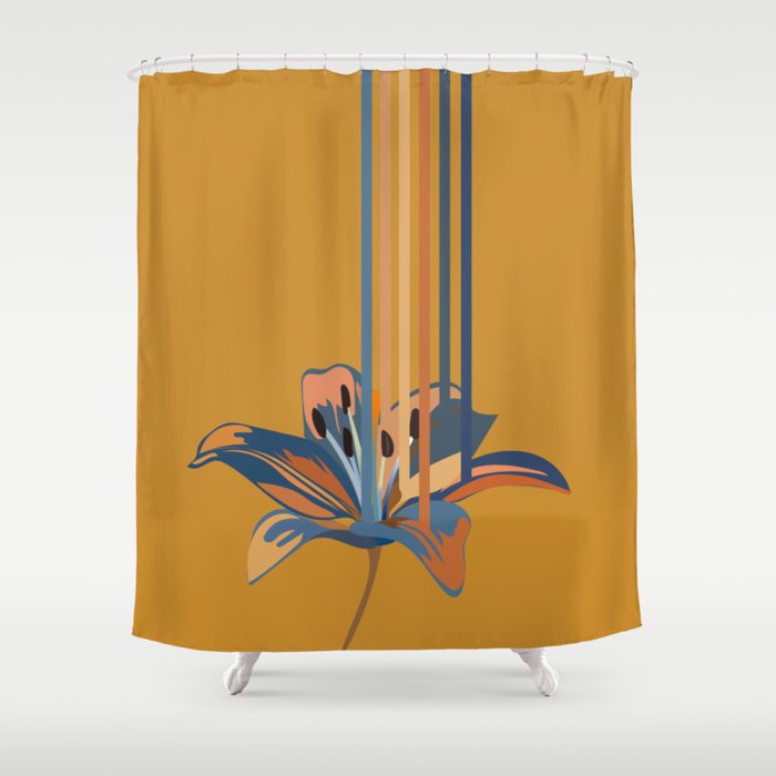 Lily - Blue Floral Stripe Art Pattern on Yellow Shower Curtain