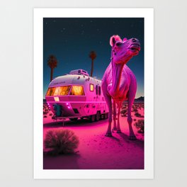 The Camel and the Trailer pink, cool, animal, desert,  Art Print
