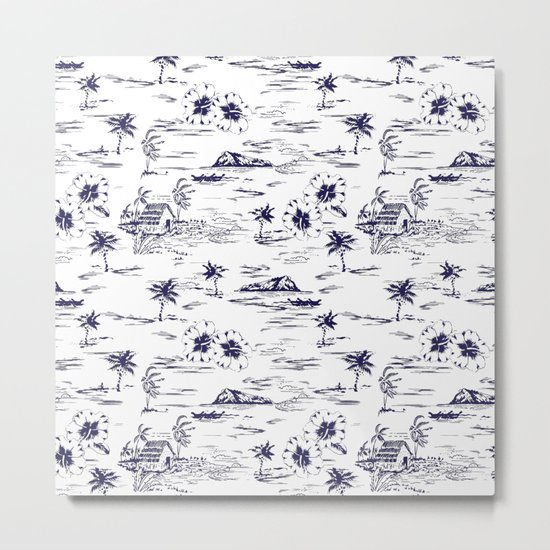Tropical Island Vintage Hawaii Summer Pattern in Navy Blue Metal Print