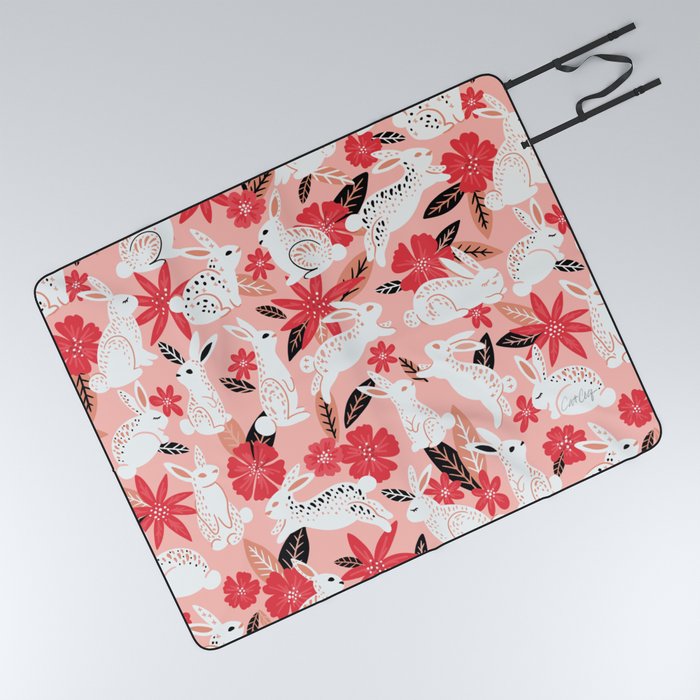 Bunnies & Blooms – Pink & Black Picnic Blanket