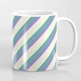 [ Thumbnail: Sea Green, Purple & Beige Colored Stripes/Lines Pattern Coffee Mug ]