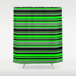 [ Thumbnail: Lime, Gray, and Black Colored Striped/Lined Pattern Shower Curtain ]