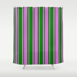 [ Thumbnail: Green & Orchid Colored Stripes/Lines Pattern Shower Curtain ]