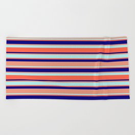 [ Thumbnail: Blue, Dark Salmon, Turquoise, and Red Colored Striped/Lined Pattern Beach Towel ]