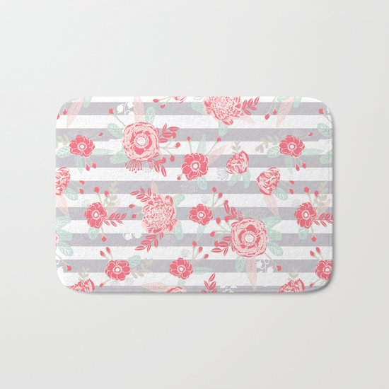 Elli - gender neutral florals grey stripe pattern modern nursery home decor Bath Mat
