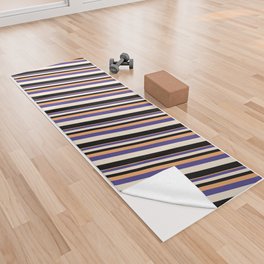 [ Thumbnail: Brown, Dark Slate Blue, Beige & Black Colored Striped Pattern Yoga Towel ]