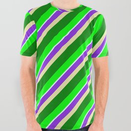 [ Thumbnail: Colorful Purple, Pale Goldenrod, Green, Lime & Light Cyan Colored Stripes/Lines Pattern All Over Graphic Tee ]