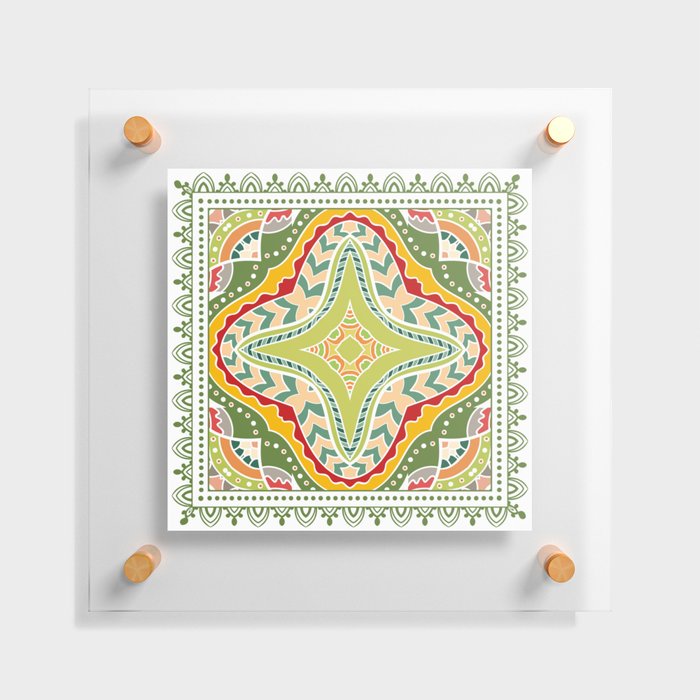 Decorative colorful background, geometric floral doodle pattern with ornate lace frame. Tribal ethnic mandala ornament. Bandanna shawl, tablecloth fabric print, silk neck scarf, kerchief design Floating Acrylic Print