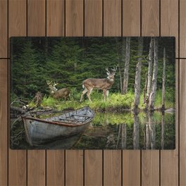Whitetail Deer at the Edge of a Forest Pond by a Hunting Camp with Canoe Outdoor Rug