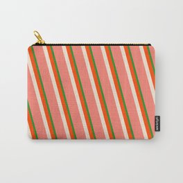 [ Thumbnail: Forest Green, Red, Beige, and Salmon Colored Lined/Striped Pattern Carry-All Pouch ]