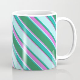 [ Thumbnail: Sea Green, Orchid, Turquoise & Light Sea Green Colored Lined Pattern Coffee Mug ]