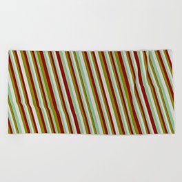 [ Thumbnail: Green, Light Gray, Dark Sea Green & Dark Red Colored Lines Pattern Beach Towel ]