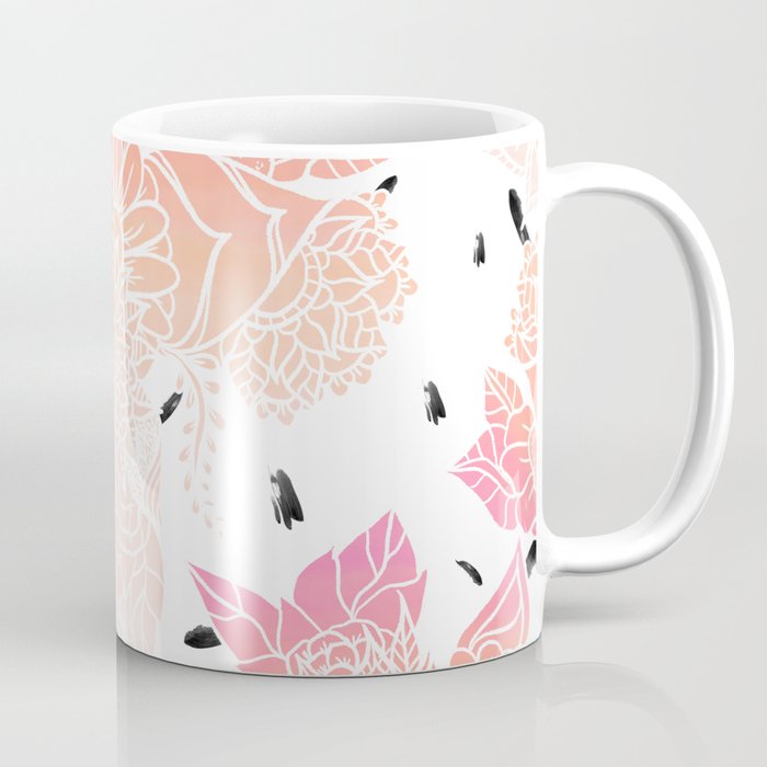 Modern pink ombre coral watercolor floral illustration pattern black brushstrokes Coffee Mug
