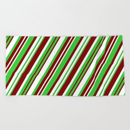 [ Thumbnail: Maroon, White, and Lime Green Colored Striped/Lined Pattern Beach Towel ]