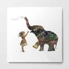 Girl And Elephant Colorful Watercolor Art Kids Gift Animals Lover Art Metal Print