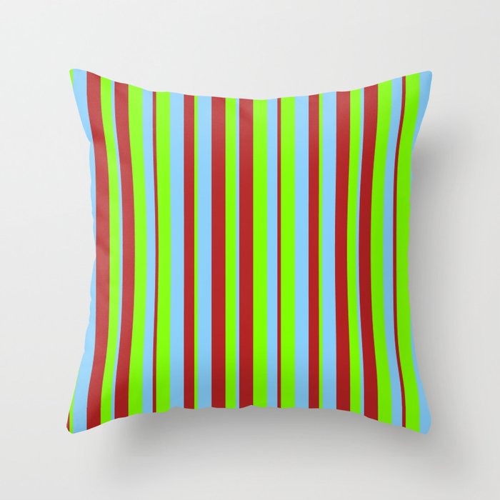 Red, Light Sky Blue, and Chartreuse Colored Lined/Striped Pattern Throw Pillow