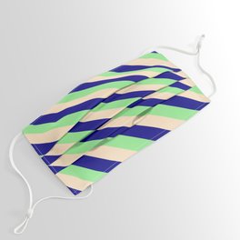 [ Thumbnail: Light Green, Bisque & Blue Colored Striped Pattern Face Mask ]
