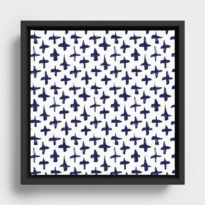 Navy Blue plus signs brush strokes seamless pattern Framed Canvas