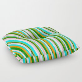 [ Thumbnail: Vibrant Dark Orange, Green, Light Pink, Mint Cream, and Aqua Colored Striped/Lined Pattern Floor Pillow ]