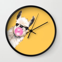 Bubble Gum Sneaky Llama in Yellow Wall Clock